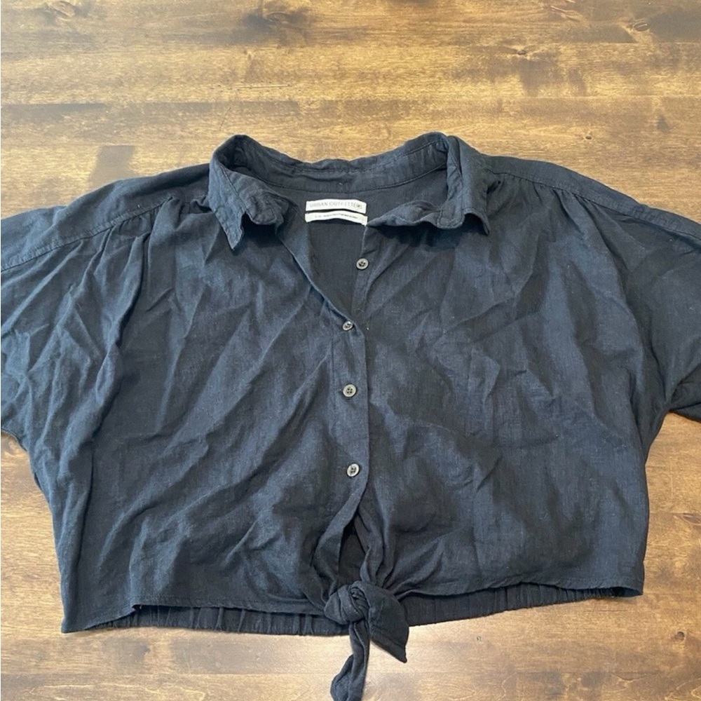 Urban Outfitters Black Linen Blend Crop Top Tie-Front Large